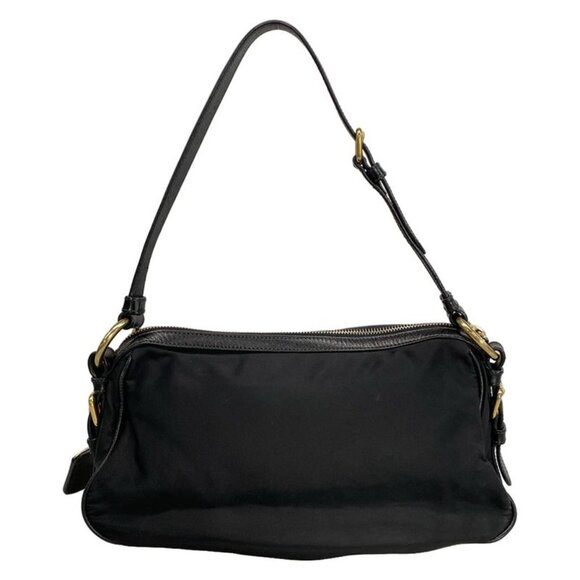 Prada Shoulder Bag Logo Jacquard Black Leather Tag - Picture 3 of 15